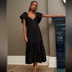 La Ligne Elegant Black Flutter Sleeve Midi Dress